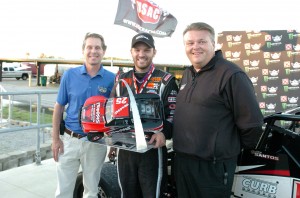 Victory Lane-From left to right, Gateway MSP owner Curtis Francois, Winner Bobby Santos, and track SVP of Gateway  Chris Blair.