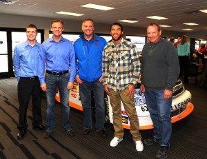 From the left->Justin Jennings NASCAR Truck driver for Mittler Brothers entry, Kenny Wallace, Mike Wallace, Darrel Wallace Jr. & Kenny Schrader pose with Mittler Brothers Chevrolet. Photo by Don Figler.