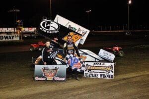 Ian Madsen picked up his third career MOWA series win with a victory, Friday, at Lincoln Speedway, Lincoln, Ill. Steven Hughes, Jr. Fan Club winner, was in victory lane to celebrate with Madsen. photos courtesy of MOWA series photographer William Baker Jr. 