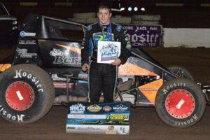 Brady Bacon topped the opening leg of the E&K Winter Challenge by taking the top spot in Friday night's 30-lap USAC Southwest vs. USAC West Coast feature event at Peoria, Arizona's Canyon Speedway Park. Photo by Jason Rominger