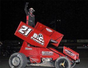 Tyler Thomas celebrates his victory in Saturday night's 305 Sprint Car Shootout at Southern New Mexico Speedway. Lonnie Wheatley photo