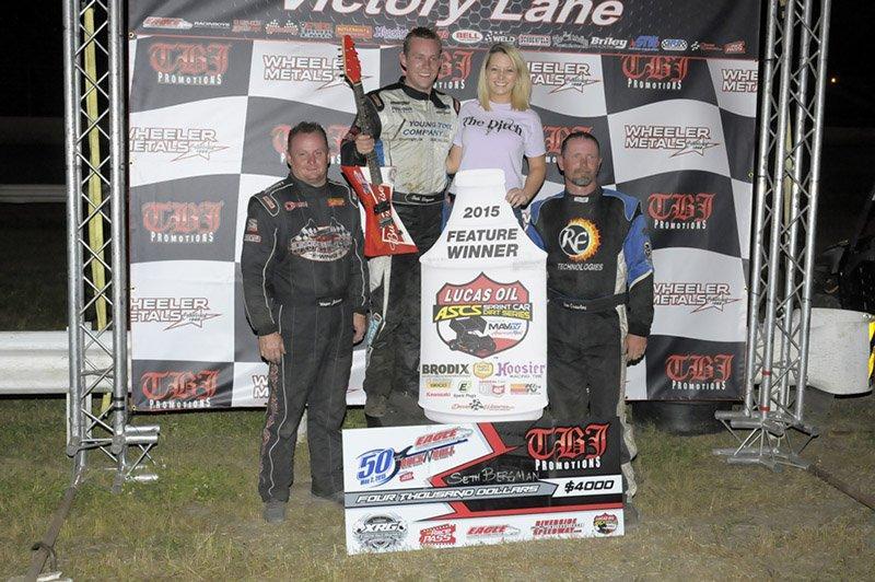 Seth Bergman picked up the custom guitar for the second time, winning the Eagle Motorsports Rock 'N Roll 50 at the Riverside International Speedway. (Rob Kocak / ASCS)