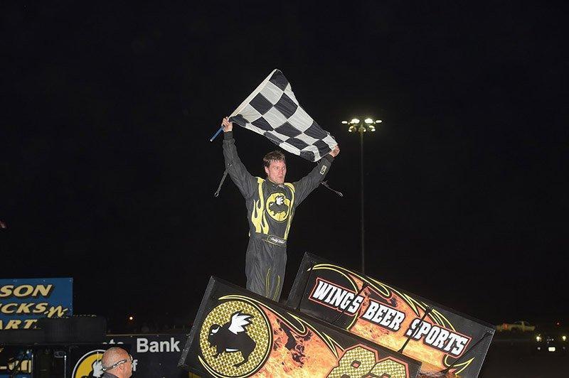 Dusty Zomer celebrates his first FVP National Sprint League win at Jackson Speedway Thursday night (Rob Kocak Photo)