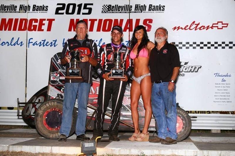 Bryan Clauson of Noblesville, Indiana won Saturday night's "Belleville Midget Nationals" at the Belleville (Kans.) High Banks. Clauson joined Jerry Coons, Jr. as the only three-time winner of the event. (Rich Forman Photo) 