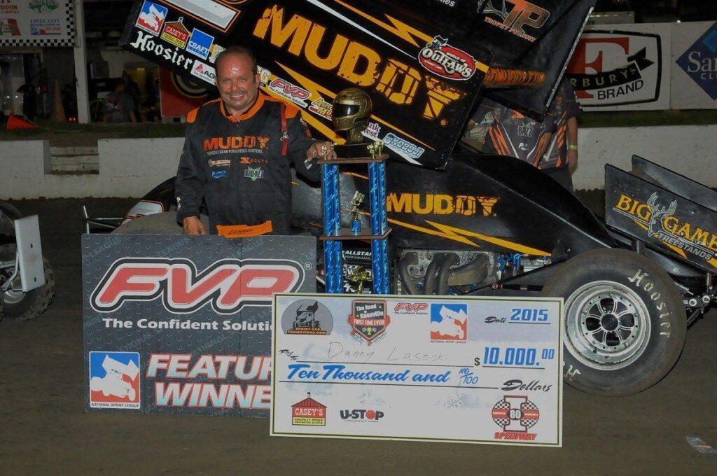Danny Lasoski took home $10,000 for winning the “Road to Knoxville” main event Friday night at I-80 Speedway (Rob Kocak Photo) 