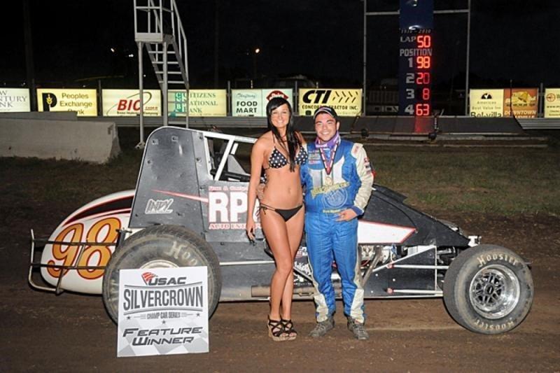 Chris Windom of Canton, Ill. picked up his second career USAC Silver Crown Series victory Friday night in the 3rd Annual "Hustle on the Highbanks" at the Belleville (Kan.) High Banks. Lonnie Wheatley Photo  