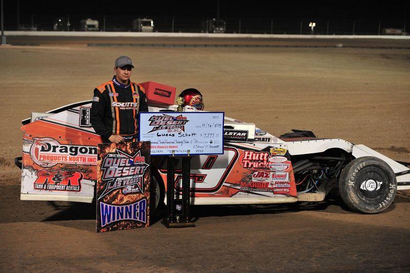 Lucas Schott of Chatfield, Minn., won the 18th annual Duel in the Desert at the Dirt Track at LVMS on his first try on Saturday night. Photo by Instant Images.