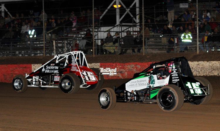 #16B Bryan Clauson races with #16 Mike Martin at Canyon Speedway. Photo by Patrick Shaw / Backed In Photography. 