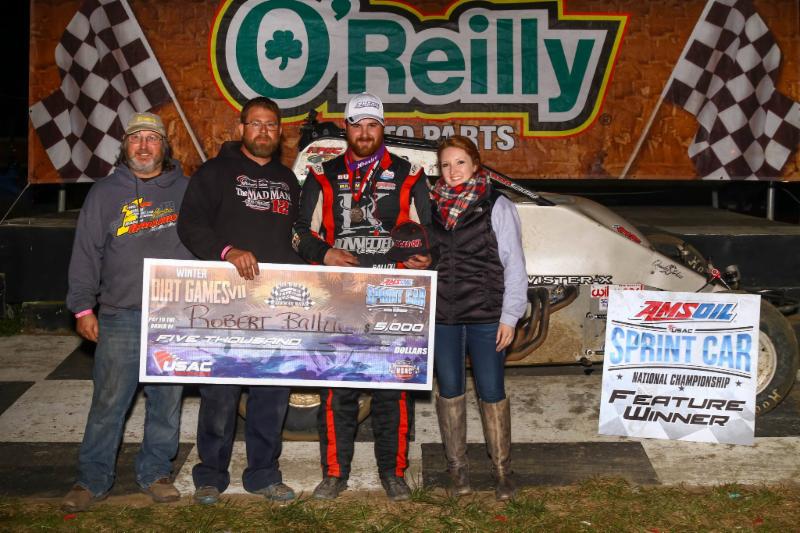 Robert Ballou in victory lane after winning Friday night's USAC AMSOIL Sprint Car National Championship feature at Bubba Raceway Park in Ocala, Florida. (Rich Forman Photo) 