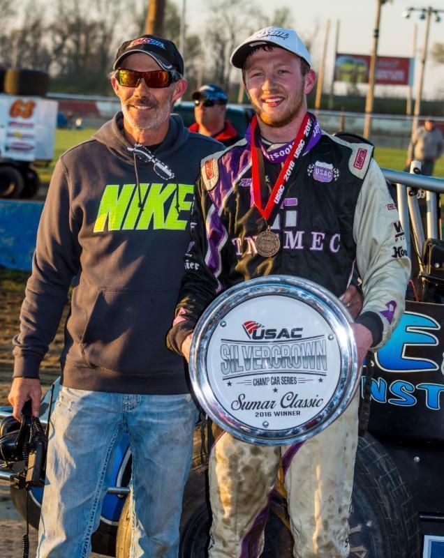 Chuck Leary (left) and son C.J. Leary (right) became the first father-son duo to win races in the USAC Silver Crown Series. (Ryan Sellers Photo) 