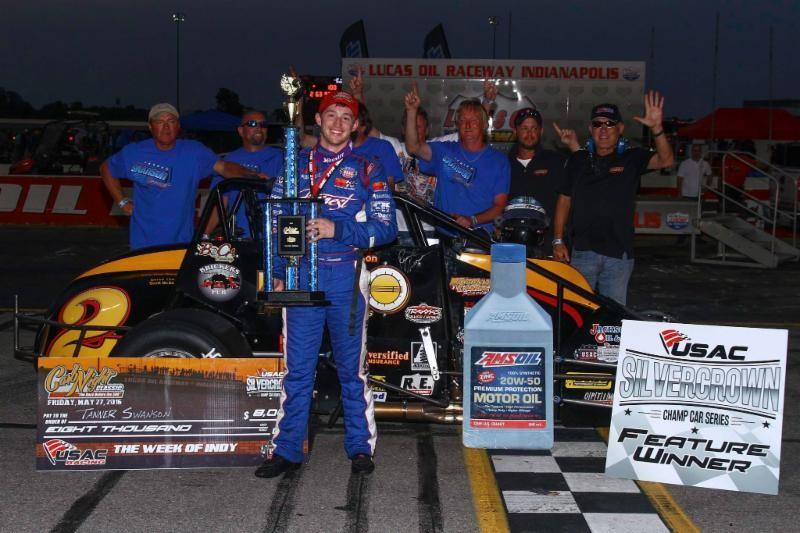 Tanner Swanson celebrates in victory lane after winning Friday night's "Carb Nigh Classic" at Lucas Oil Raceway in Brownsburg, Indiana. (RICH FORMAN PHOTO) 