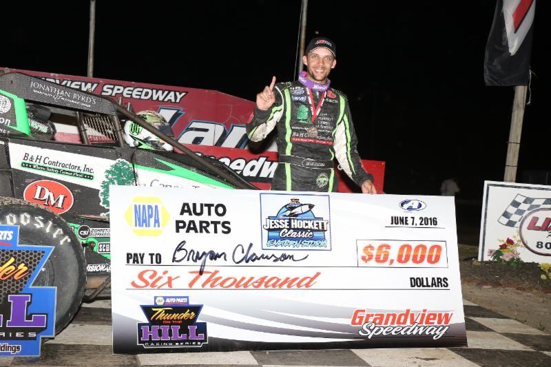 Bryan Clauson enjoys the spoils of victory (and the big check) in victory lane after winning Tuesday night's "Jesse Hockett Classic" - "Eastern Storm" opener at Bechtelsville, Pennsylvania's Grandview Speedway. (MICHAEL FRY PHOTO)  