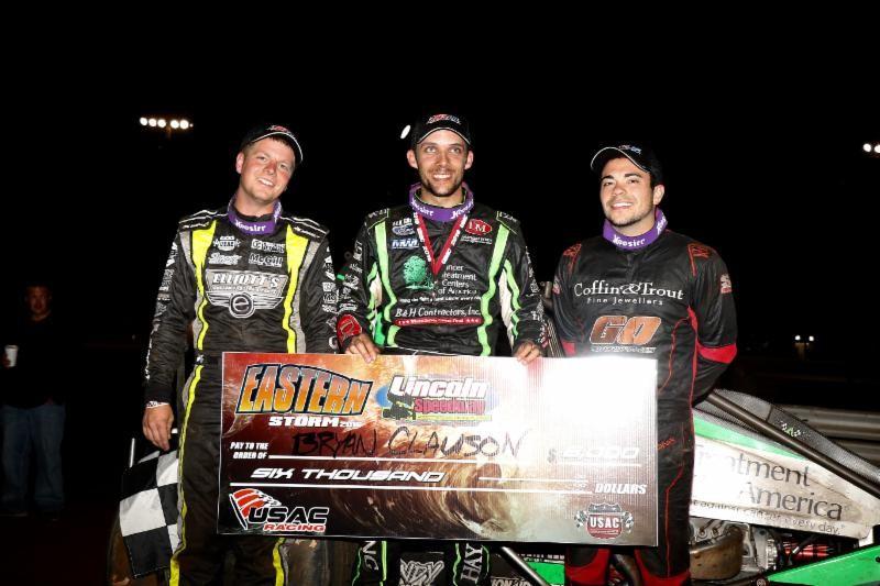 Lincoln winner Bryan Clauson is flanked on both sides by 2nd place finisher Chris Windom (right) and third-place Chase Stockon (left). (MICHAEL FRY PHOTO) 