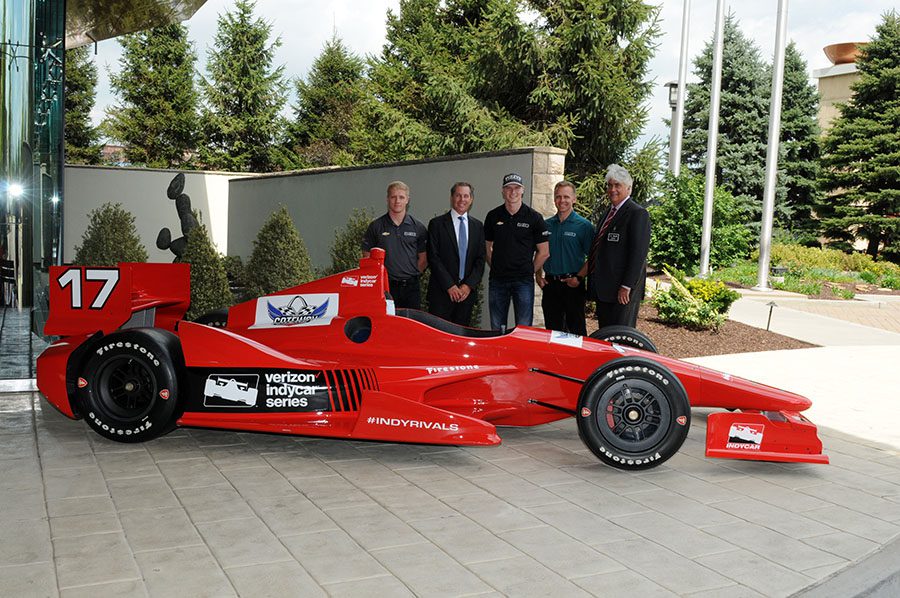 Photo from left to right--Spencer Pigot, Track Owner, Curtis Francois, Josef Newarden, Ed Carpenter, and Mark Miles, Chief Executive Officer, Hulman & Company. -- Don Figler photo