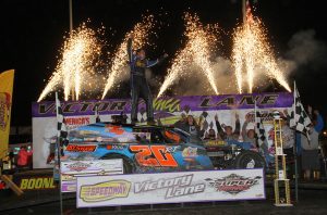 Fireworks provided the post-race backdrop to Ricky Thornton Jr.’s Modified championship at the IMCA Speedway Motors Super Nationals fueled by Casey’s. (Photo by Bruce Badgley, Motor­sports Photography)