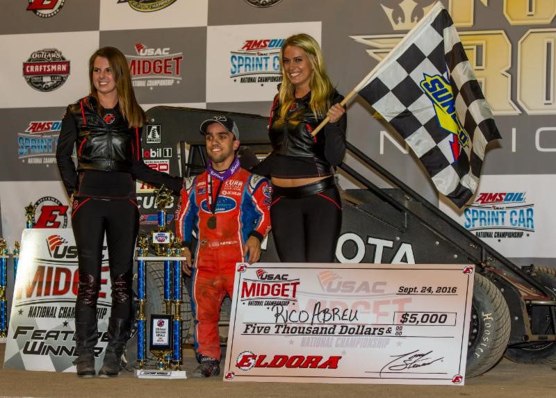 Rico Abreu celebrates in victory lane after claiming victory in Saturday night's "4-Crown Nationals" USAC National Midget feature at Eldora Speedway. (RYAN SELLERS PHOTO) 
