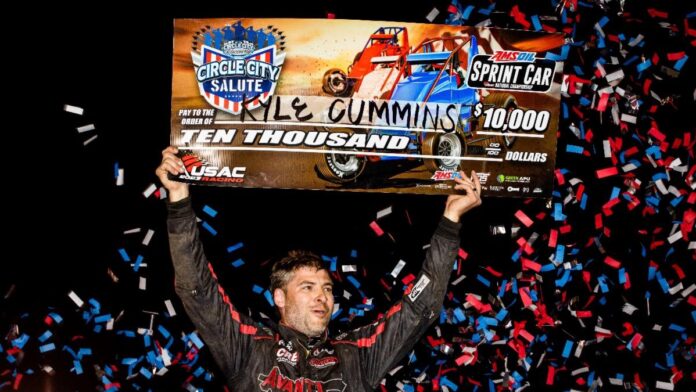 Kyle Cummins (Princeton, Ind.) won the race and the $10,000 check during Thursday night's USAC AMSOIL Sprint Car National Championship event at Indianapolis, Indiana's Circle City Raceway. (Indy Racing Images Photo)
