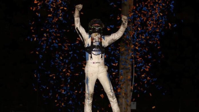 Jacob Denney (Galloway, Ohio) celebrates his USAC NOS Energy Drink Midget National Championship feature victory on Sunday night at Missouri's Sweet Springs Motorsports Complex. (Rich Forman Photo)