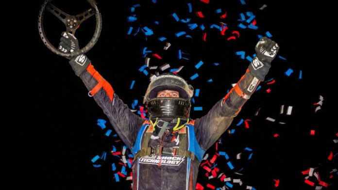 Jake Swanson (Anaheim, Calif.) was triumphant during Wednesday night's USAC AMSOIL Sprint Car National Championship feature at Circle City Raceway in Indianapolis, Ind. (Indy Racing Images Photo)